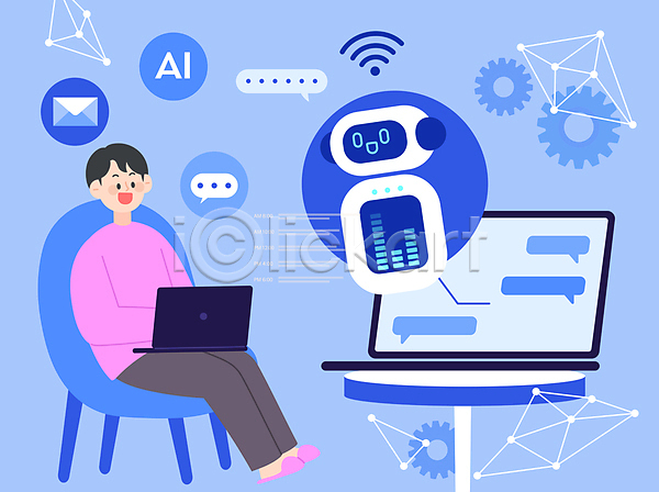 소통 남자 성인 성인남자한명만 한명 AI(파일형식) 일러스트 AI(인공지능) 노트북 대화 로봇 말풍선 앉기 와이파이 전신 채팅 채팅봇 파란색