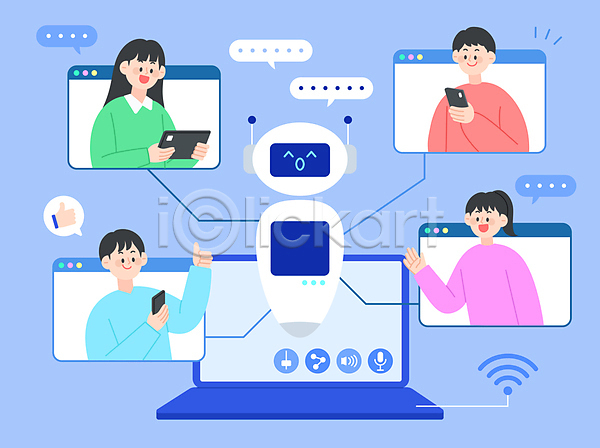 소통 남자 성인 성인만 여러명 여자 AI(파일형식) 일러스트 AI(인공지능) 노트북 대화 들기 따봉 로봇 말하기 상반신 와이파이 채팅 채팅봇 파란색 화상통화