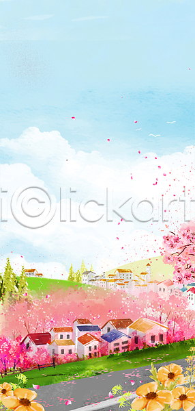 사람없음 PSD 일러스트 구름(자연) 꽃잎 마을 벚꽃 벚나무 봄 봄꽃 주택 풍경(경치) 하늘