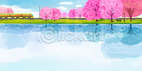 사람없음 PSD 일러스트 강 구름(자연) 기차 기찻길 반사 벚꽃 벚나무 봄 시골 풍경(경치) 하늘