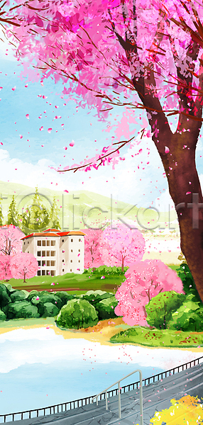 사람없음 PSD 일러스트 계단 구름(자연) 벚꽃 벚나무 봄 산 정원 주택 풀(식물) 풍경(경치) 하늘