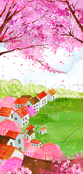 사람없음 PSD 일러스트 들꽃 마을 벚꽃 벚나무 봄 산 주택 풍경(경치)