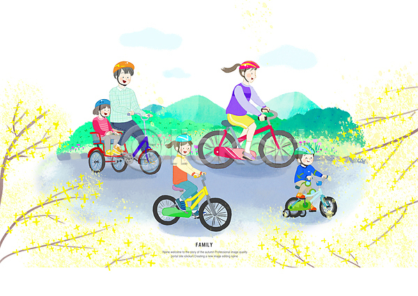 남자 성인 소녀(어린이) 소년 어린이 여러명 여자 PSD 일러스트 2인용자전거 가족 개나리 벚나무 봄 봄꽃 승차 안전 자전거 전신 헬멧