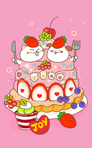사람없음 AI(파일형식) 일러스트 강아지 고양이 나이프 들기 딸기 미소(표정) 봄 분홍색 블루베리 생크림 애플민트 앵두 접시 청포도 체리 캐릭터 컵케이크 케이크 포크