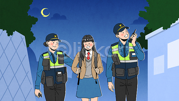 보호 남자 성인 세명 여자 청소년 AI(파일형식) 일러스트 경찰 귀가 들기 무전 무전기 상반신 순찰 안전 야간 여학생 출동 파란색