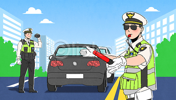 남자 두명 성인 성인남자만 AI(파일형식) 일러스트 경찰봉 교통경찰 교통정리 들기 물기(모션) 상반신 손들기 신호 안전봉 자동차 전신 하늘색 호루라기