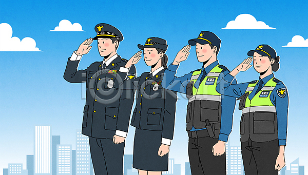 남자 성인 성인만 여러명 여자 AI(파일형식) 일러스트 거수경례 경찰 경찰복 상반신 정복 파란색