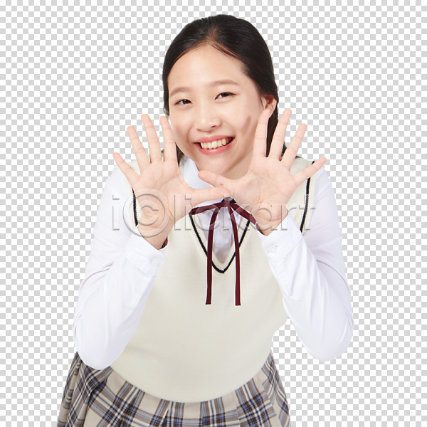 10대 십대여자한명만 여자 청소년 한국인 한명 PNG 편집이미지 교복 누끼 미소(표정) 상반신 손들기 손짓 외침 학생