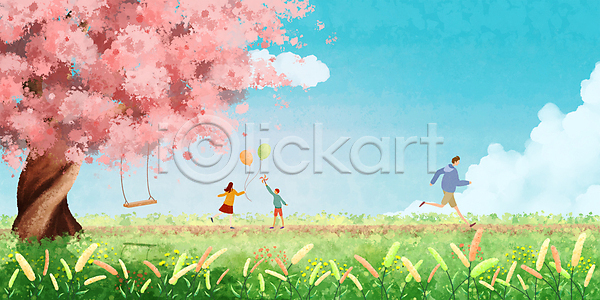 남자 성인 세명 소녀(어린이) 소년 어린이 여자 PSD 일러스트 강아지풀 구름(자연) 그네 달리기 들기 바람개비 벚꽃 벚나무 봄 서기 전신 풍선 하늘