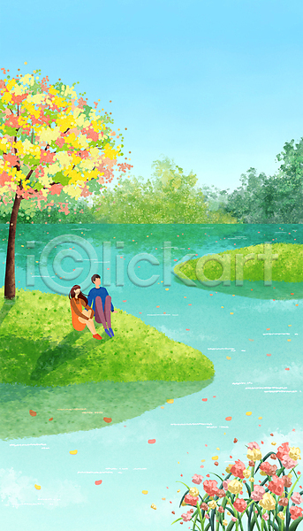 남자 두명 성인 성인만 여자 PSD 일러스트 꽃나무 꽃잎 반사 봄 봄꽃 봄바람 앉기 전신 커플 호수