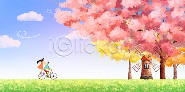 남자 두명 성인 성인만 여자 PSD 일러스트 구름(자연) 꽃잎 벚꽃 벚나무 봄 봄바람 승차 어깨에손 자전거 전신 초원(자연) 커플 풍차 하늘