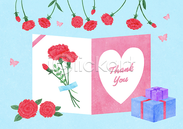 감사 축하 사람없음 PSD 일러스트 기념일 나비 분홍색 사각형 상자 선물 카네이션 카드(감사) 프레임 하늘색