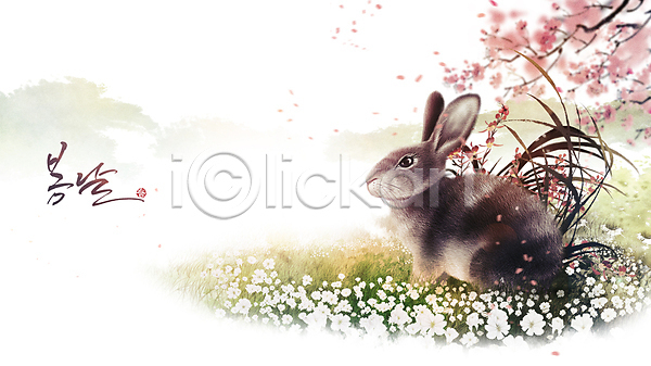 사람없음 PSD 일러스트 계묘년 꽃 꽃잎 나무 벚꽃 봄 붓터치 산 새해 초원(자연) 캘리그라피 토끼 풀(식물) 한마리
