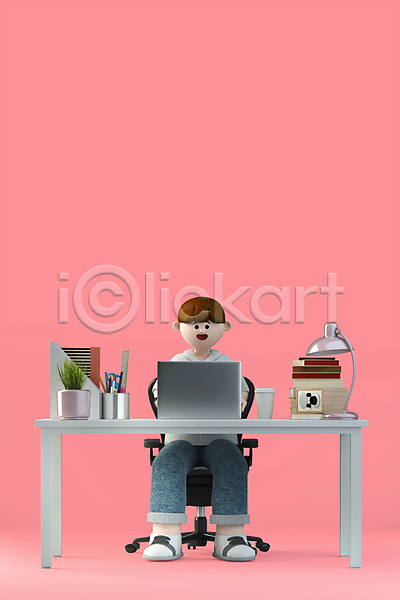 남자 성인 성인남자한명만 한명 3D PSD 디지털합성 편집이미지 노트북 사무용품 스탠드 앉기 연필꽂이 월간캐릭터 의자 전신 직장인 책 책상 책장 캐릭터 컵 화분