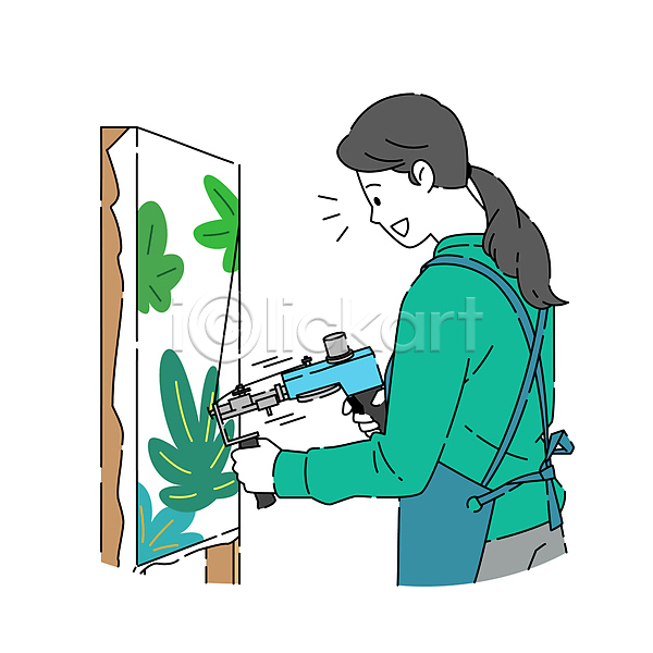 성인 성인여자한명만 여자 한명 AI(파일형식) 일러스트 들기 만들기 매트 상반신 초록색 취미 터프팅 터프팅건