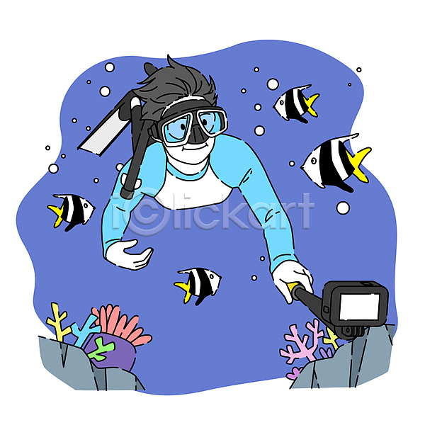 남자 성인 성인남자한명만 한명 AI(파일형식) 일러스트 들기 바다 셀카봉 수영 열대어 오리발 잠수 잠수경 잠수용품 전신 촬영 취미 파란색 프리다이빙