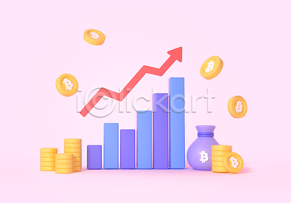 상승 투자 사람없음 3D PSD 편집이미지 가상화폐 경제 그래프 돈자루 동전 동전탑 보라색 분홍색 주식 화살표