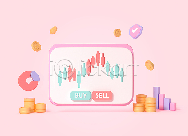 투자 사람없음 3D PSD 편집이미지 가상화폐 경제 그래프 달러 동전 동전탑 분홍색 주식 주식표
