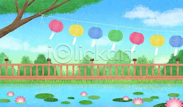 사람없음 PSD 일러스트 나무 나뭇가지 다리(건축물) 사찰 연꽃(꽃) 연등 연못 자연 절 풍경(경치) 하늘