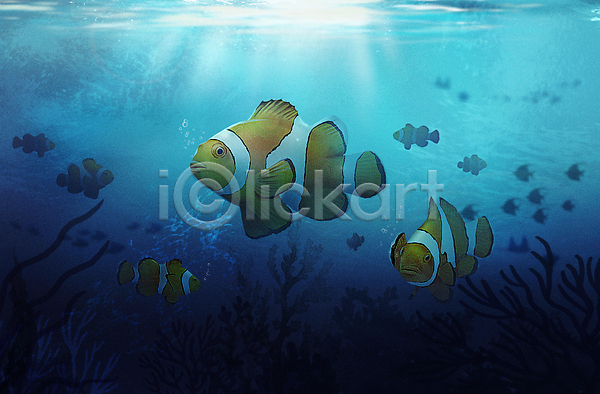 사람없음 PSD 일러스트 바다 바닷속 산호 수중 수중동물 아쿠아리움 여러마리 크라운피쉬 파란색