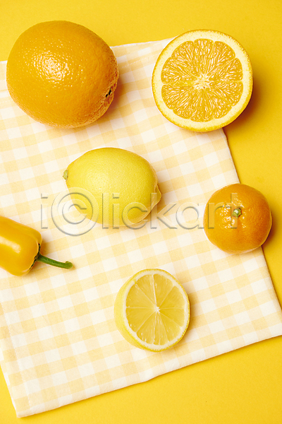 사람없음 JPG 포토 귤 노란색 레몬 미니파프리카 스튜디오촬영 식탁보 실내 오렌지 음식 체크무늬 컬러푸드 파프리카