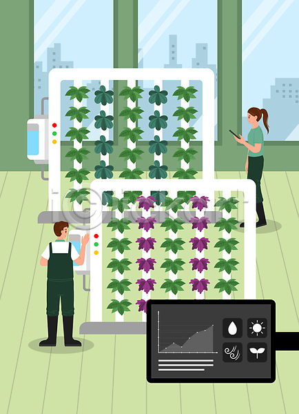 남자 두명 성인 성인만 여자 AI(파일형식) 일러스트 관리 기계 농사 농작물 들기 스크린 전신 채소 초록색 태블릿