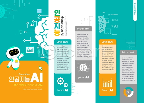 미래 사람없음 AI(파일형식) 템플릿 3단접지 AI(인공지능) 가리킴 그래프 노란색 뇌 디지털 로봇 리플렛 청록색 캐릭터