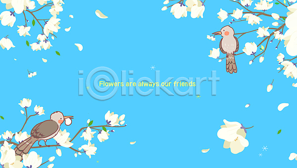 사람없음 AI(파일형식) 일러스트 꽃잎 두마리 목련 백그라운드 봄 봄꽃 앉기 조류 하늘색