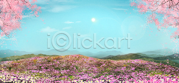 사람없음 PSD 일러스트 구름(자연) 꽃 꽃밭 백그라운드 벚꽃 봄 봄풍경 산 자연 초원(자연) 태양 풍경(경치) 하늘