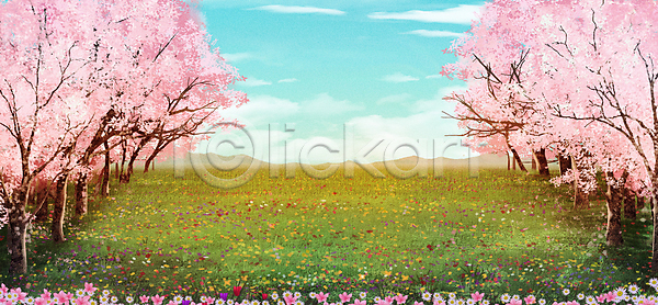 사람없음 PSD 일러스트 구름(자연) 꽃 맑음 백그라운드 벚꽃 벚나무 봄 봄풍경 초원(자연) 풍경(경치) 하늘