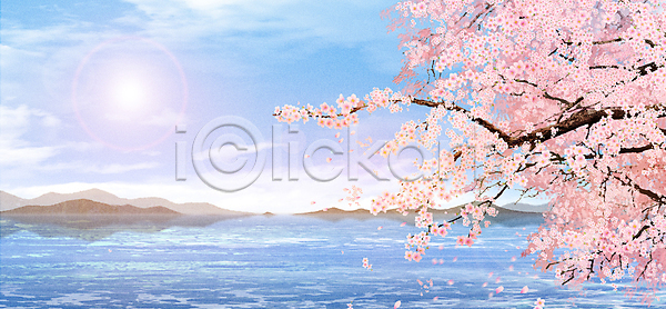 사람없음 PSD 일러스트 강 구름(자연) 꽃 맑음 백그라운드 벚꽃 벚나무 봄 봄풍경 산 자연 태양 풍경(경치)