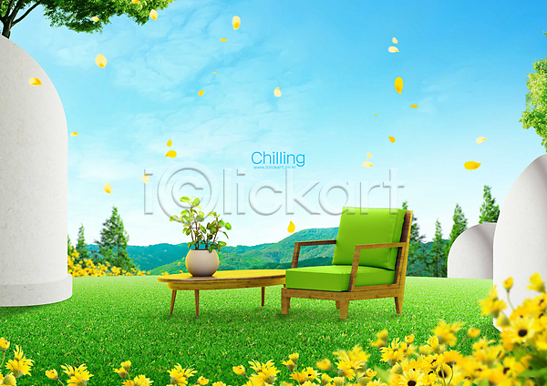 사람없음 PSD 편집이미지 구름(자연) 꽃 꽃잎 나무 백그라운드 봄풍경 산 의자 자연 잔디 초록색 탁자 하늘
