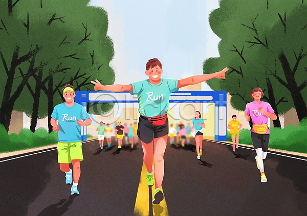 군중 남자 성인 성인만 여러명 여자 PSD 일러스트 달리기 도로 마라톤 생활체육 운동복 전신 팔벌리기