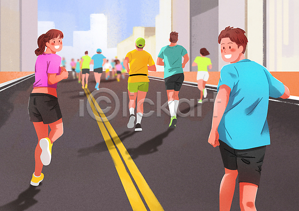 즐거움 군중 남자 성인 성인만 여러명 여자 PSD 일러스트 달리기 도로 도시 뒤돌아보기 마라톤 상반신 생활체육 운동복 웃음 전신