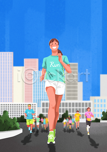 군중 남자 성인 성인만 여러명 여자 PSD 일러스트 건물 달리기 도로 도시 마라톤 빌딩 생활체육 운동복 전신