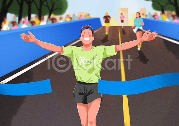 군중 남자 성인 성인만 여러명 여자 PSD 일러스트 결승선 달리기 도로 마라톤 생활체육 완주 우승 운동복 전신 팔벌리기