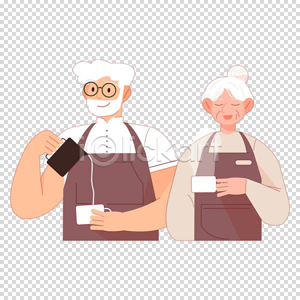 남자 노년 노인만 두명 여자 PNG 편집이미지 노부부 누끼 눈감음 들기 바리스타 붓기 상반신 우유 커피잔