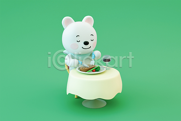 사람없음 3D PSD 디지털합성 편집이미지 3D소스 강아지 개 나이프 들기 레스토랑 스테이크 식사 식탁 앉기 와인 초록색 캐릭터 펫푸드 편집 포크