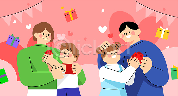 즐거움 남자 성인 소녀(어린이) 소년 어린이 여러명 여자 AI(파일형식) 일러스트 가랜드 가정의달 가족 들기 부모 분홍색 상반신 선물 선물상자 쓰다듬기 어버이날 자녀 주기 카네이션 하트