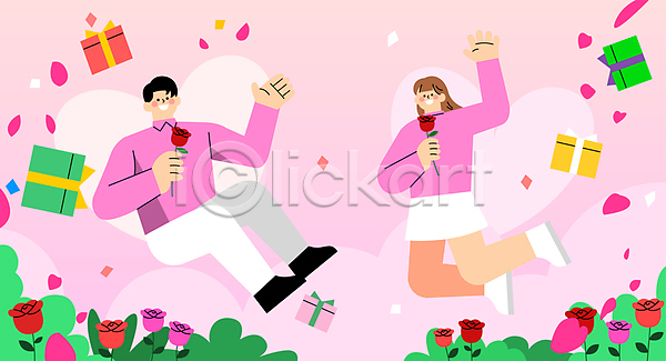 즐거움 남자 두명 성인 성인만 여자 AI(파일형식) 일러스트 가정의달 꽃잎 들기 분홍색 선물상자 성년의날 손들기 장미 전신 점프 하트