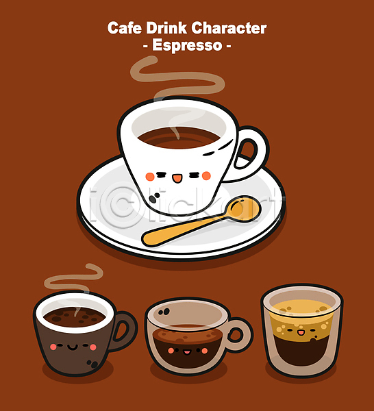 사람없음 AI(파일형식) 일러스트 갈색 머그컵 에스프레소 에스프레소잔 월간캐릭터 접시 카페 커피잔 티스푼