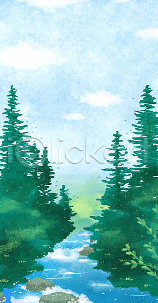 사람없음 PSD 일러스트 강 구름(자연) 나무 돌(바위) 백그라운드 숲 여름(계절) 잎 자연 초록색 풍경(경치) 하늘 하늘색