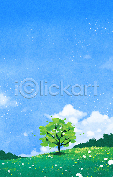 사람없음 PSD 일러스트 구름(자연) 꽃 나무 맑음 백그라운드 여름(계절) 자연 잔디 초록색 초원(자연) 파란색 풍경(경치) 하늘 한그루