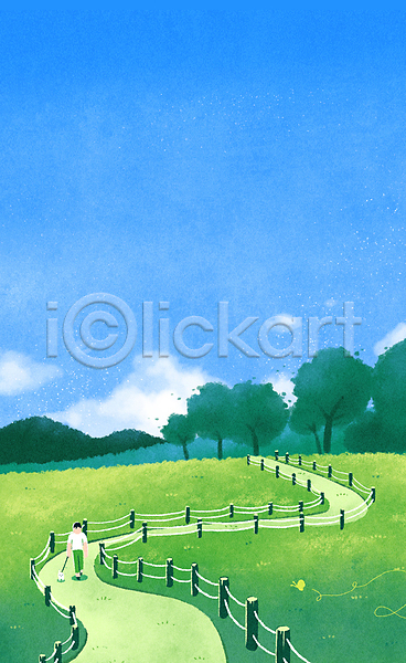 산책 남자 성인 성인남자한명만 한명 PSD 일러스트 걷기 구름(자연) 나무 나비 백그라운드 산책로 여름(계절) 연두색 울타리 자연 잔디 전신 초원(자연) 파란색 풍경(경치) 하늘