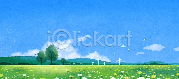 사람없음 PSD 일러스트 구름(자연) 꽃 나무 맑음 백그라운드 산 여름(계절) 연두색 자연 잔디 초원(자연) 파란색 풍경(경치) 풍력기 하늘