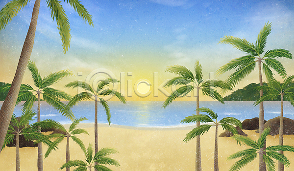 사람없음 PSD 일러스트 노란색 돌(바위) 모래사장 야자수 여름풍경 자연 태양 파도 풍경(경치) 하늘 하늘색 해변