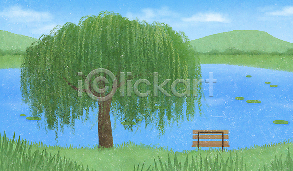 사람없음 PSD 일러스트 공원 구름(자연) 버드나무 벤치 산 여름풍경 연못 연잎 자연 초록색 풍경(경치) 하늘 하늘색 호수