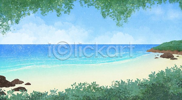 사람없음 PSD 일러스트 구름(자연) 돌(바위) 모래사장 여름풍경 자연 파란색 풀잎 풍경(경치) 하늘 해변