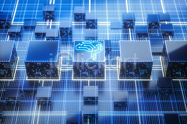 사람없음 3D PSD 디지털합성 편집이미지 AI(인공지능) 뇌 디지털 반짝임 백그라운드 사이버 전자 정사각형 큐브 파란색