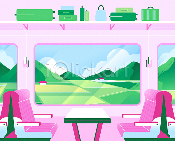 사람없음 AI(파일형식) 일러스트 구름(자연) 기차 내부 논 밭 백그라운드 분홍색 산 여행 의자 주택 짐 창문 초록색 캐리어 풍경(경치) 하늘
